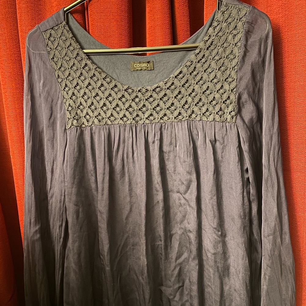 Cosmo-Navy Blue‎ Silk Top w/Lace, Sheer Sleeves